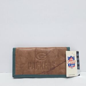 Vintage Green Bay Packers Premium Brown Leather And Canvas Checkbook Wallet NWT
